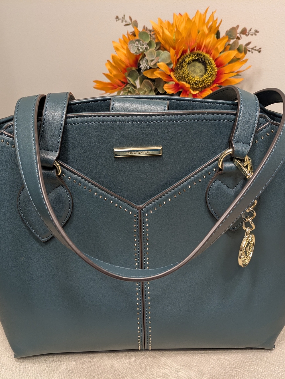 Sleek Teal Anne Klein Women’s Tote Handbag - Gold Accent